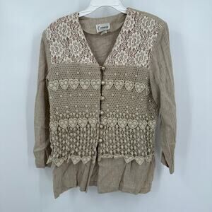 Carmin Womens Top Size XL‎ Cottagecore Linen Blend Lace Heart Boho Romantic